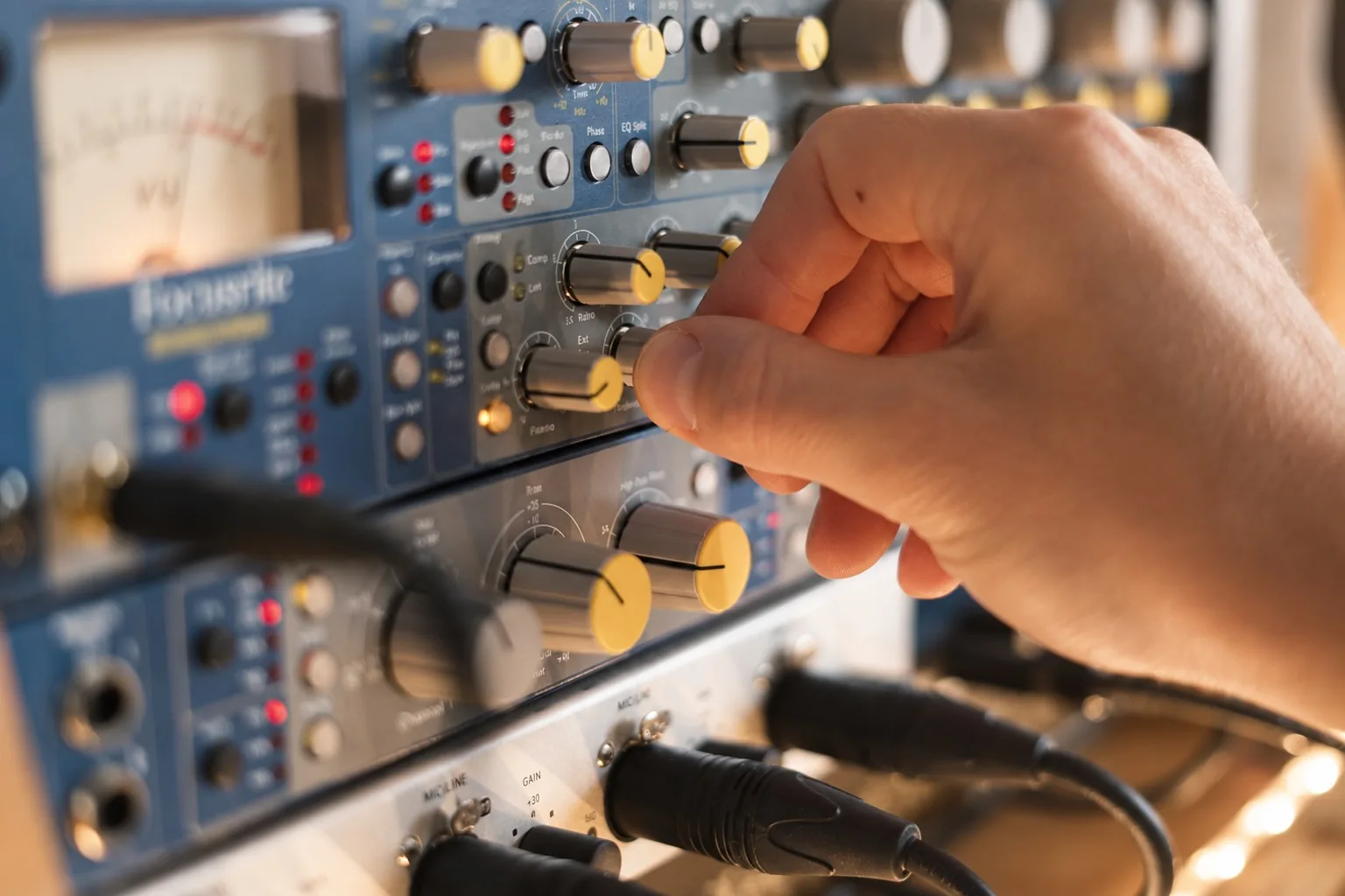 Live-Mix-Coaching im Tonstudio Leipzig — Hand am Regler des Outboard-Racks in warmem Licht