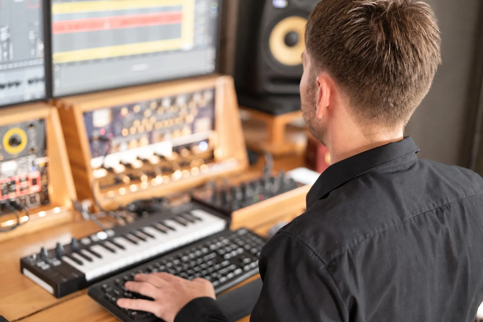Remix- und Edit-Erstellung im Tonstudio Leipzig — Blick von hinten auf den Arbeitsplatz mit DAW-Bildschirm und Mehrspur-Ansicht
