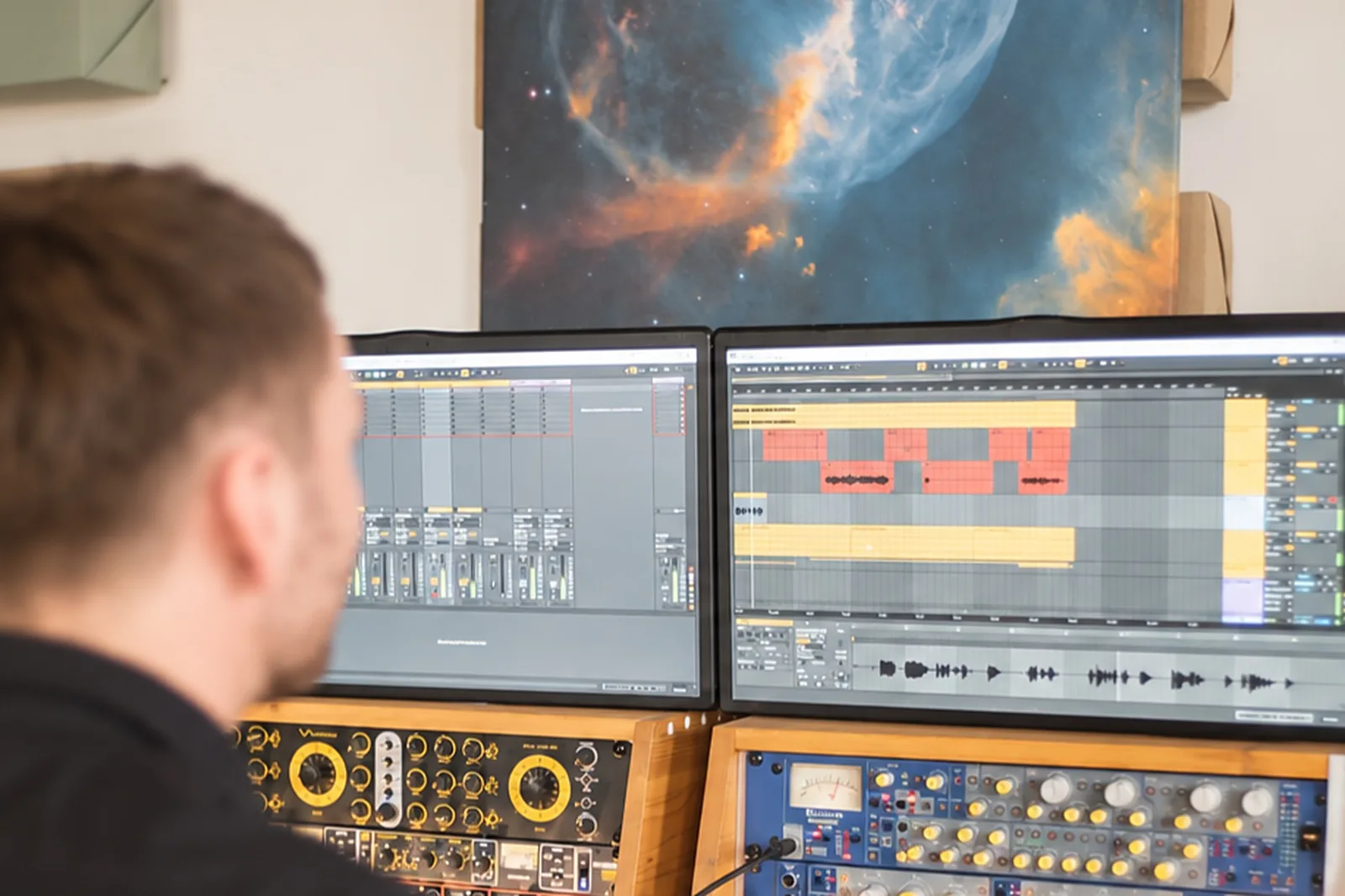 Stem-Trennung im Tonstudio Leipzig — Doppelmonitor mit Mehrspur-Ansicht und Wellenformen einer Aufnahme