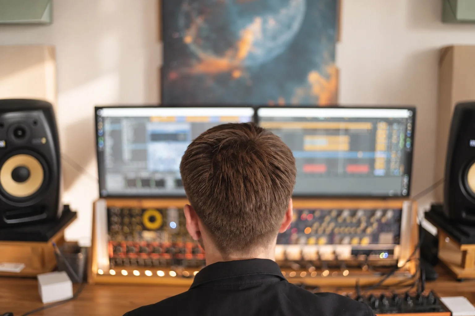 Album- und EP-Mastering-Paket im Tonstudio Leipzig — Rückansicht auf Studiomonitore in dunkler Umgebung